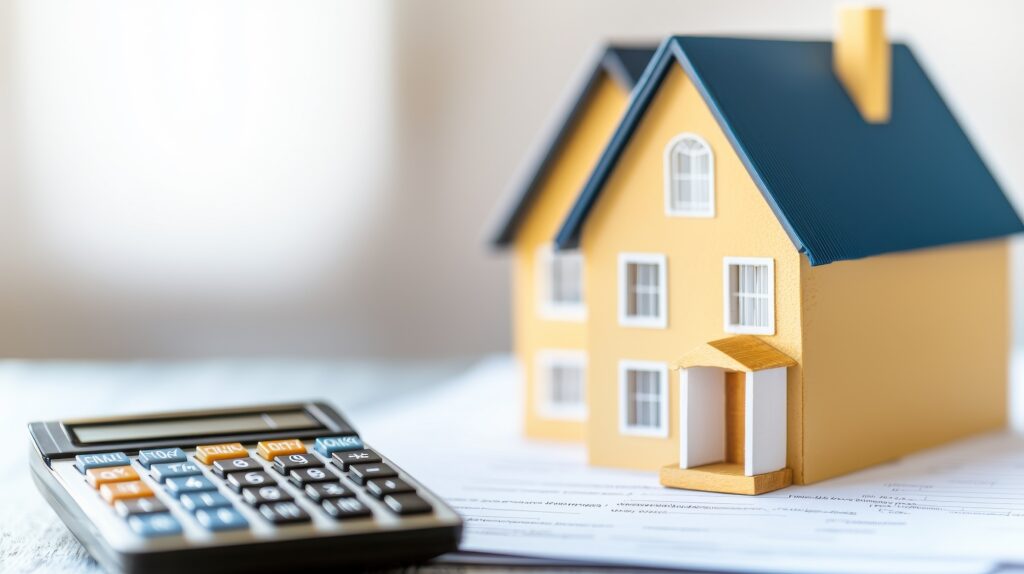 黄色いミニチュアハウスと電卓